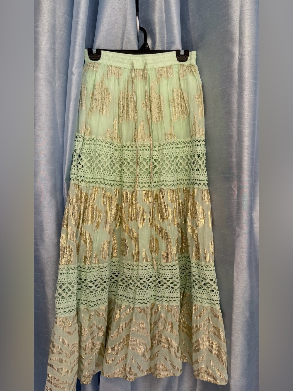 Mint Green and Gold Tiered Lace Maxi Skirt